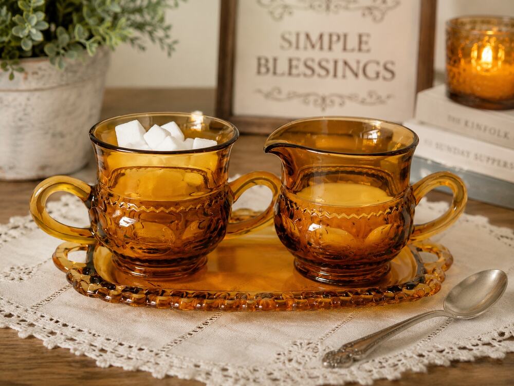 Vintage Indiana Glass Kings Crown Amber Sugar Creamer + Tray (3 Pc)